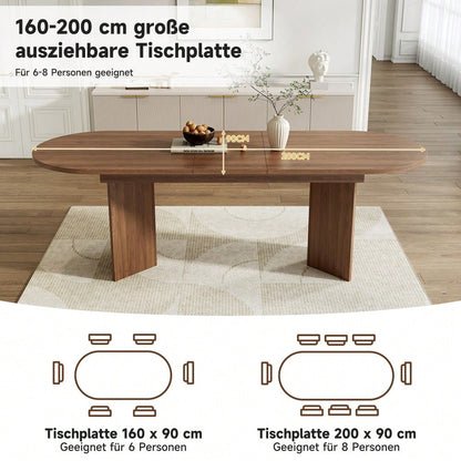 Ausziehbarer Esstisch 160/200 * 90 cm, geeignet für 4–6 Personen, Esstisch mit abgerundeten Ecken, verdickte Tischplatte, ausziehbarer Esstisch im einfachen Stil, Nussbaum