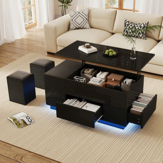 100*50*45cm Couchtisch 4-in-1 höhenverstellbarer Sofatisch mit LED, kaffeetisch mit 2 Schubladen,Hochglanztisch mit Sofa und 2 Hockern,Beistelltisch mit verstecktem Stauraum,Tragkraft bis 50kg,Schwarz