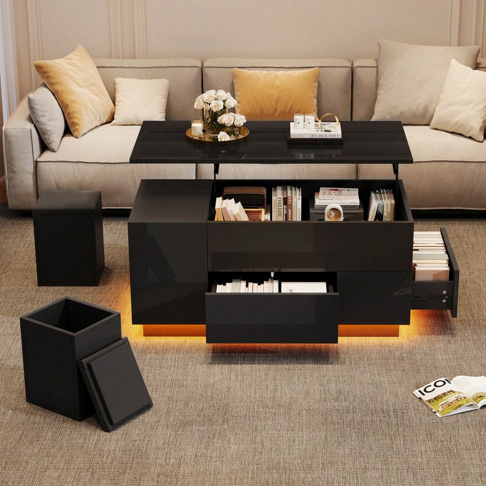 100*50*45cm Couchtisch 4-in-1 höhenverstellbarer Sofatisch mit LED, kaffeetisch mit 2 Schubladen,Hochglanztisch mit Sofa und 2 Hockern,Beistelltisch mit verstecktem Stauraum,Tragkraft bis 50kg,Schwarz