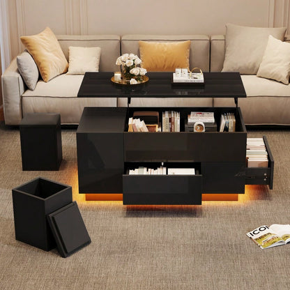 100*50*45cm Couchtisch 4-in-1 höhenverstellbarer Sofatisch mit LED, kaffeetisch mit 2 Schubladen,Hochglanztisch mit Sofa und 2 Hockern,Beistelltisch mit verstecktem Stauraum,Tragkraft bis 50kg,Schwarz