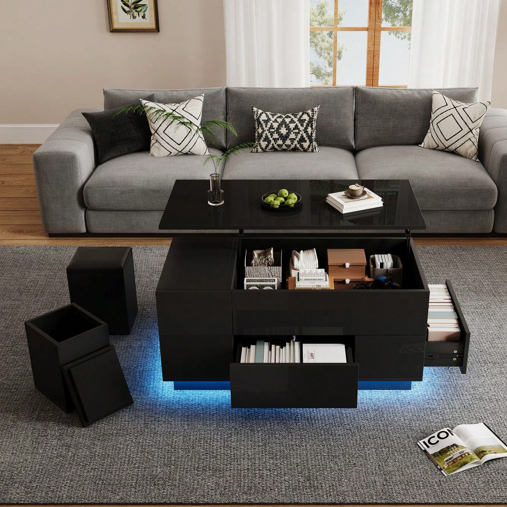 100*50*45cm Couchtisch 4-in-1 höhenverstellbarer Sofatisch mit LED, kaffeetisch mit 2 Schubladen,Hochglanztisch mit Sofa und 2 Hockern,Beistelltisch mit verstecktem Stauraum,Tragkraft bis 50kg,Schwarz