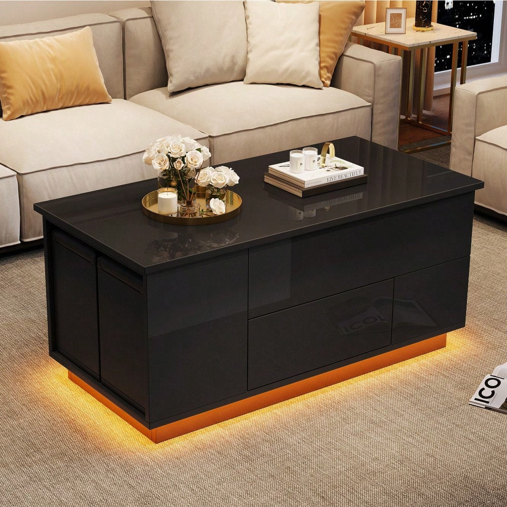 100*50*45cm Couchtisch 4-in-1 höhenverstellbarer Sofatisch mit LED, kaffeetisch mit 2 Schubladen,Hochglanztisch mit Sofa und 2 Hockern,Beistelltisch mit verstecktem Stauraum,Tragkraft bis 50kg,Schwarz