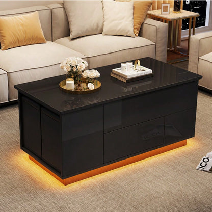 100*50*45cm Couchtisch 4-in-1 höhenverstellbarer Sofatisch mit LED, kaffeetisch mit 2 Schubladen,Hochglanztisch mit Sofa und 2 Hockern,Beistelltisch mit verstecktem Stauraum,Tragkraft bis 50kg,Schwarz