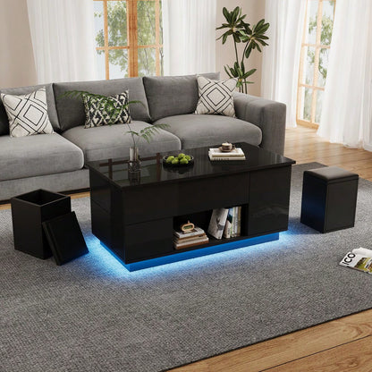 100*50*45cm Couchtisch 4-in-1 höhenverstellbarer Sofatisch mit LED, kaffeetisch mit 2 Schubladen,Hochglanztisch mit Sofa und 2 Hockern,Beistelltisch mit verstecktem Stauraum,Tragkraft bis 50kg,Schwarz