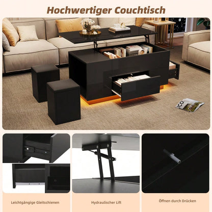 100*50*45cm Couchtisch 4-in-1 höhenverstellbarer Sofatisch mit LED, kaffeetisch mit 2 Schubladen,Hochglanztisch mit Sofa und 2 Hockern,Beistelltisch mit verstecktem Stauraum,Tragkraft bis 50kg,Schwarz