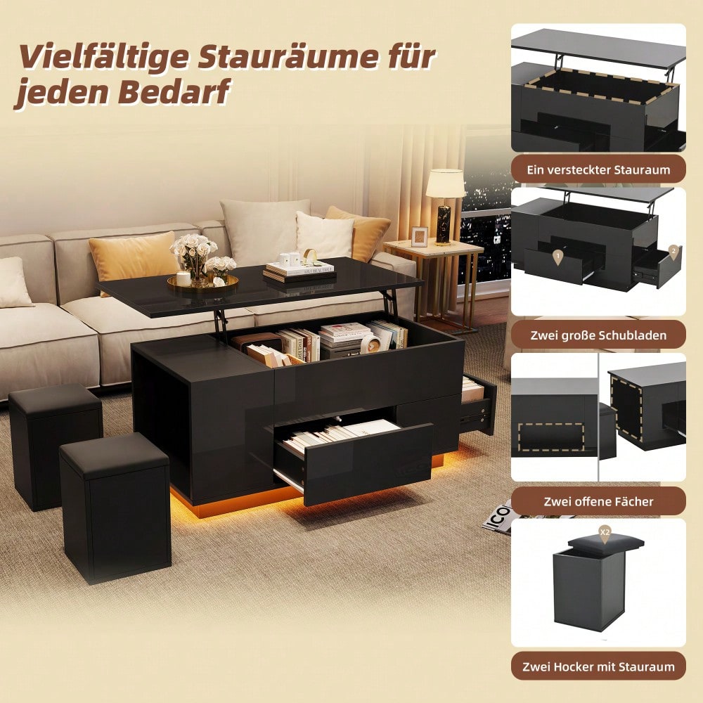 100*50*45cm Couchtisch 4-in-1 höhenverstellbarer Sofatisch mit LED, kaffeetisch mit 2 Schubladen,Hochglanztisch mit Sofa und 2 Hockern,Beistelltisch mit verstecktem Stauraum,Tragkraft bis 50kg,Schwarz