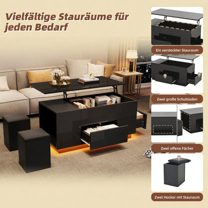 100*50*45cm Couchtisch 4-in-1 höhenverstellbarer Sofatisch mit LED, kaffeetisch mit 2 Schubladen,Hochglanztisch mit Sofa und 2 Hockern,Beistelltisch mit verstecktem Stauraum,Tragkraft bis 50kg,Schwarz