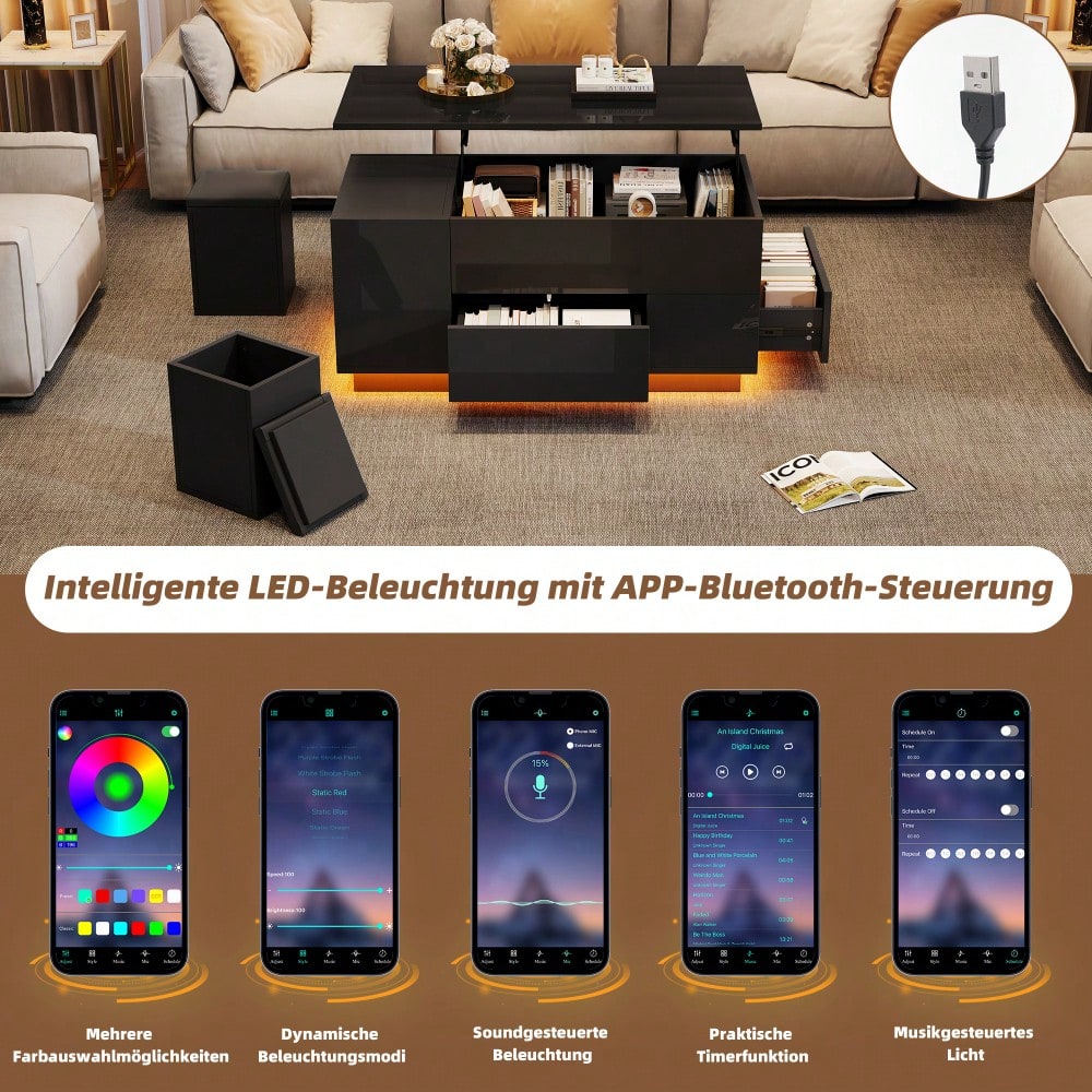 100*50*45cm Couchtisch 4-in-1 höhenverstellbarer Sofatisch mit LED, kaffeetisch mit 2 Schubladen,Hochglanztisch mit Sofa und 2 Hockern,Beistelltisch mit verstecktem Stauraum,Tragkraft bis 50kg,Schwarz