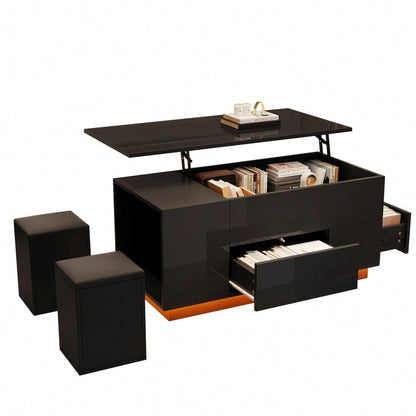 100*50*45cm Couchtisch 4-in-1 höhenverstellbarer Sofatisch mit LED, kaffeetisch mit 2 Schubladen,Hochglanztisch mit Sofa und 2 Hockern,Beistelltisch mit verstecktem Stauraum,Tragkraft bis 50kg,Schwarz