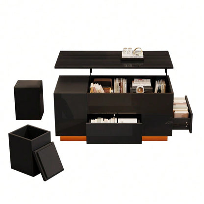 100*50*45cm Couchtisch 4-in-1 höhenverstellbarer Sofatisch mit LED, kaffeetisch mit 2 Schubladen,Hochglanztisch mit Sofa und 2 Hockern,Beistelltisch mit verstecktem Stauraum,Tragkraft bis 50kg,Schwarz