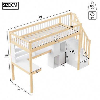 Hochbett, 90*200cm, Mit LED-Leuchten, Ablageleiter, Regale, Ablagefächer, Schreibtisch, ohne Matratze, Weiß+Natur