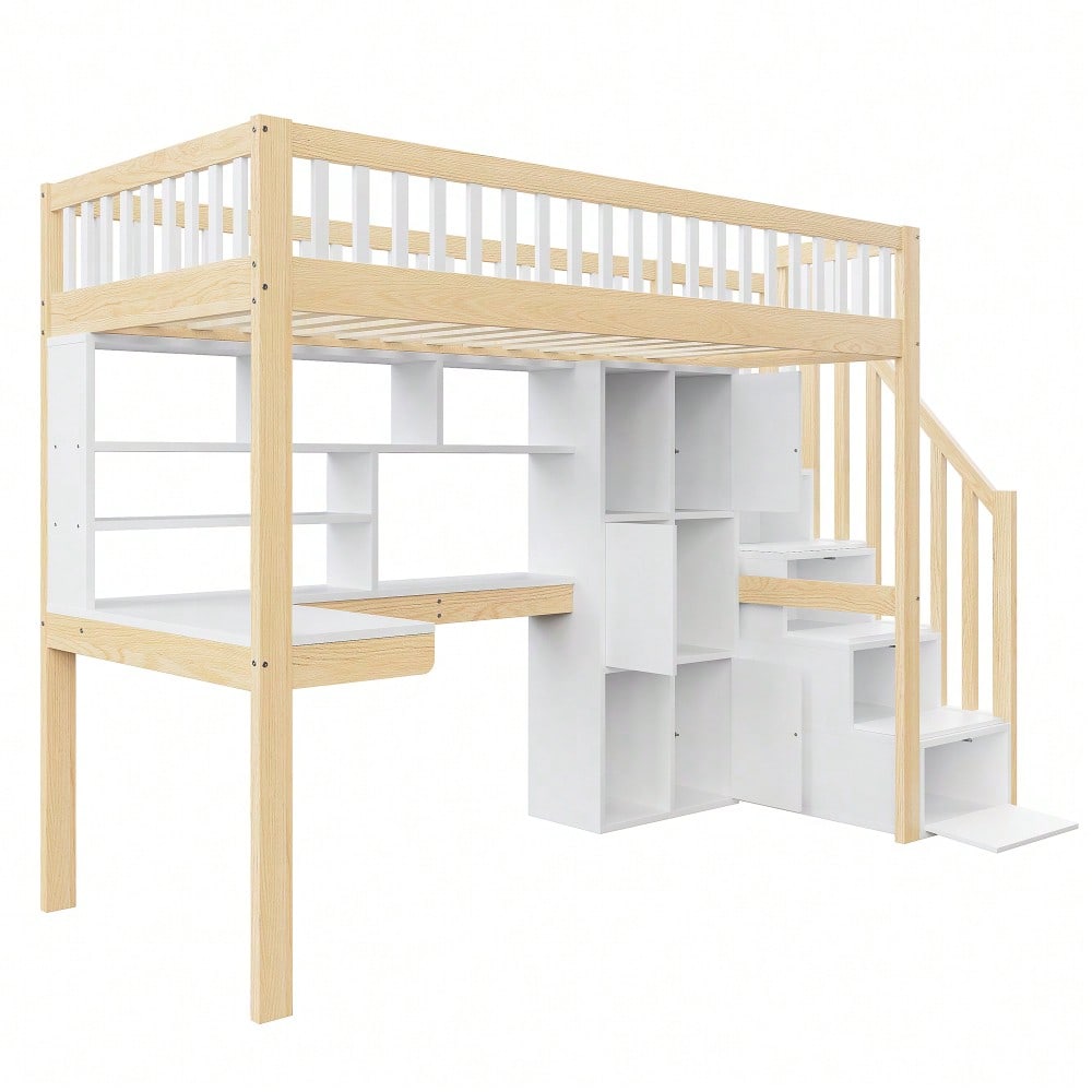 Hochbett, 90*200cm, Mit LED-Leuchten, Ablageleiter, Regale, Ablagefächer, Schreibtisch, ohne Matratze, Weiß+Natur