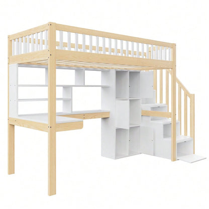 Hochbett, 90*200cm, Mit LED-Leuchten, Ablageleiter, Regale, Ablagefächer, Schreibtisch, ohne Matratze, Weiß+Natur
