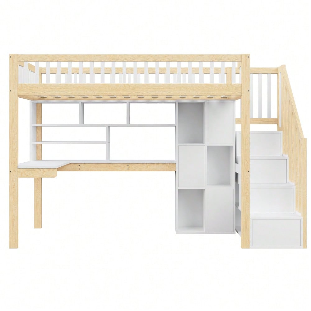 Hochbett, 90*200cm, Mit LED-Leuchten, Ablageleiter, Regale, Ablagefächer, Schreibtisch, ohne Matratze, Weiß+Natur