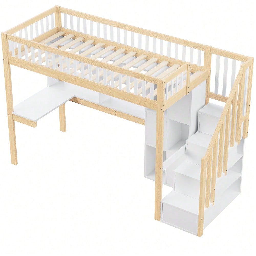 Hochbett, 90*200cm, Mit LED-Leuchten, Ablageleiter, Regale, Ablagefächer, Schreibtisch, ohne Matratze, Weiß+Natur