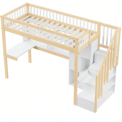 Hochbett, 90*200cm, Mit LED-Leuchten, Ablageleiter, Regale, Ablagefächer, Schreibtisch, ohne Matratze, Weiß+Natur