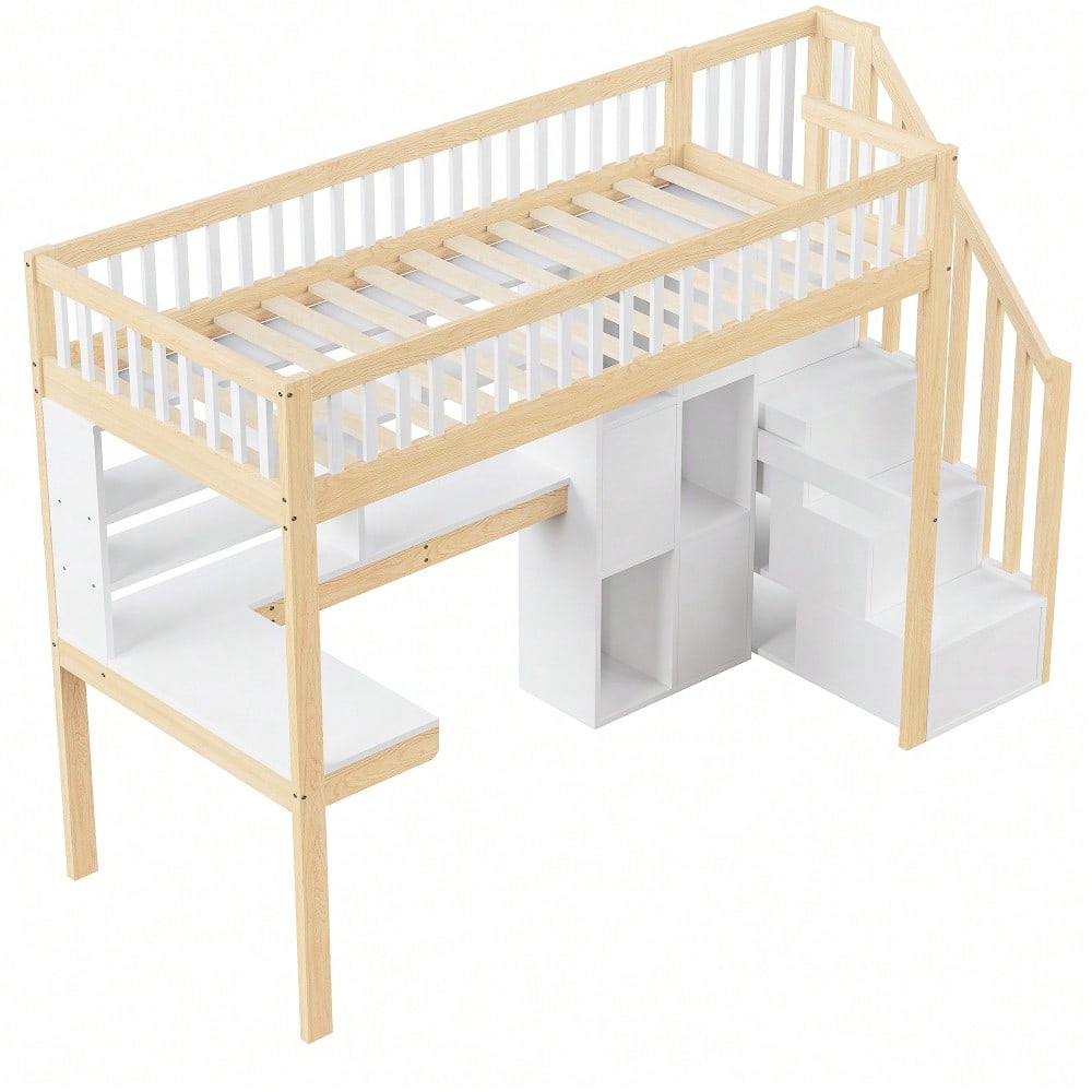 Hochbett, 90*200cm, Mit LED-Leuchten, Ablageleiter, Regale, Ablagefächer, Schreibtisch, ohne Matratze, Weiß+Natur