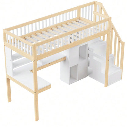 Hochbett, 90*200cm, Mit LED-Leuchten, Ablageleiter, Regale, Ablagefächer, Schreibtisch, ohne Matratze, Weiß+Natur