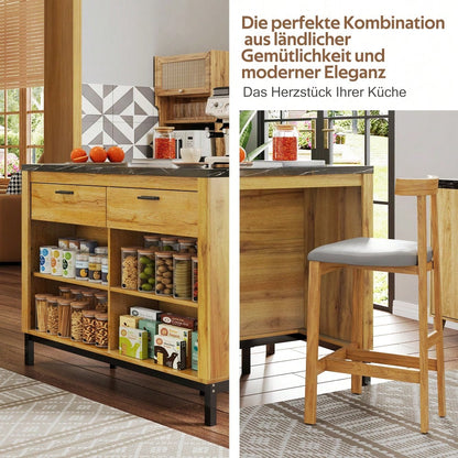 120×75×90cm, Kücheninsel im Landhausstil – Kücheninsel mit 2 Schubladen und 4 offenen Regalen, Eichenholzmaserung, schwarzer Marmor-Arbeitsplatte, Metallgestell, Rückseite mit Barbereich