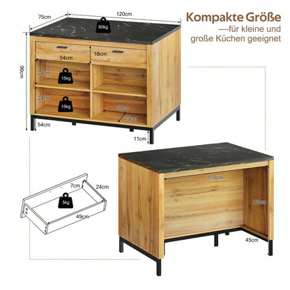 120×75×90cm, Kücheninsel im Landhausstil – Kücheninsel mit 2 Schubladen und 4 offenen Regalen, Eichenholzmaserung, schwarzer Marmor-Arbeitsplatte, Metallgestell, Rückseite mit Barbereich