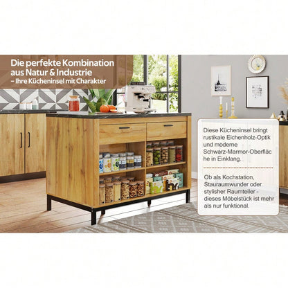 120×75×90cm, Kücheninsel im Landhausstil – Kücheninsel mit 2 Schubladen und 4 offenen Regalen, Eichenholzmaserung, schwarzer Marmor-Arbeitsplatte, Metallgestell, Rückseite mit Barbereich