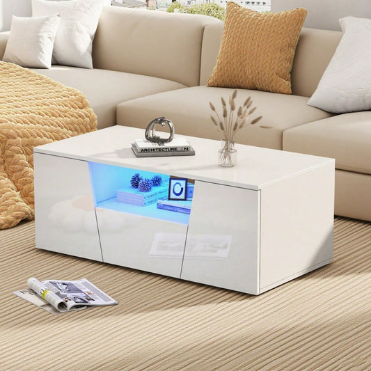 100*50*40cm couchtisch, sofatisch mit LED licht, Hochglanz-wohnzimmertisch mit 2 schränke, Beistelltisch, kaffeetisch mit 1 schublade,Unregelmäßiges Design, Weiß