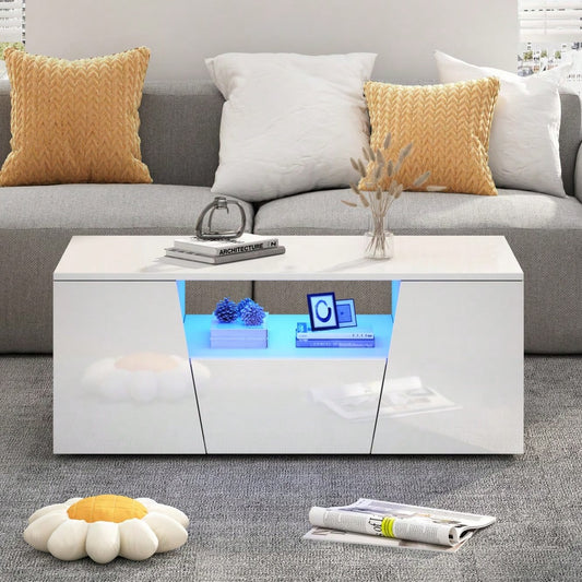 100*50*40cm couchtisch, sofatisch mit LED licht, Hochglanz-wohnzimmertisch mit 2 schränke, Beistelltisch, kaffeetisch mit 1 schublade,Unregelmäßiges Design, Weiß