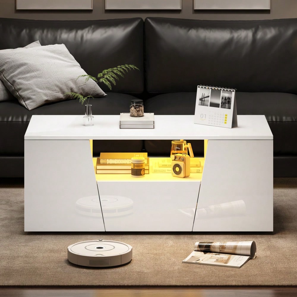 100*50*40cm couchtisch, sofatisch mit LED licht, Hochglanz-wohnzimmertisch mit 2 schränke, Beistelltisch, kaffeetisch mit 1 schublade,Unregelmäßiges Design, Weiß