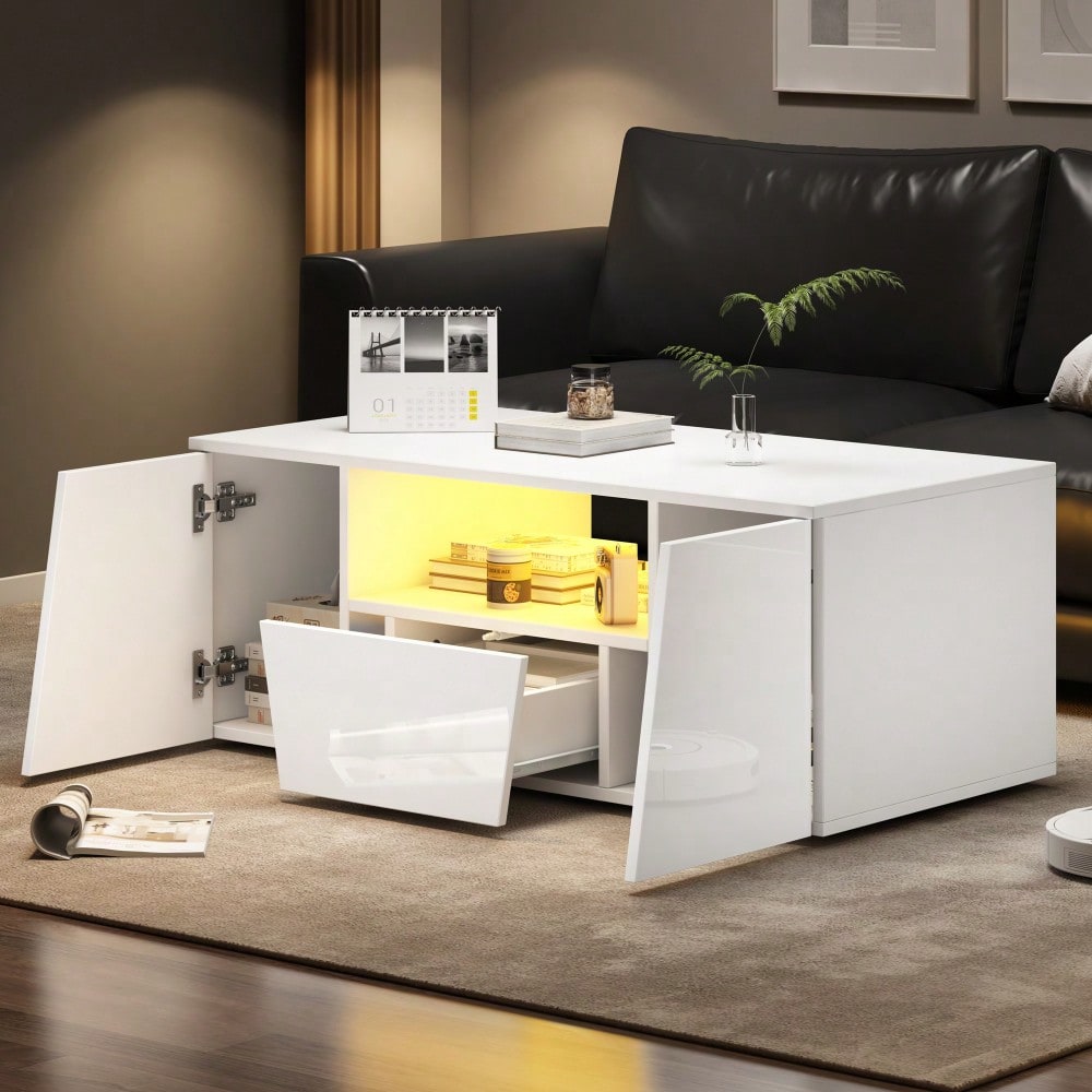 100*50*40cm couchtisch, sofatisch mit LED licht, Hochglanz-wohnzimmertisch mit 2 schränke, Beistelltisch, kaffeetisch mit 1 schublade,Unregelmäßiges Design, Weiß