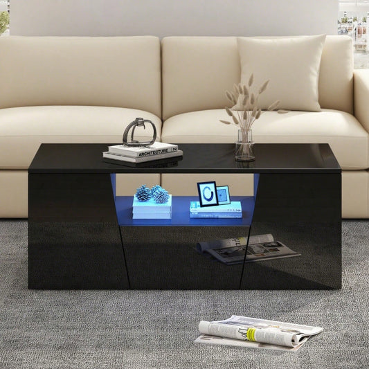 100*50*40cm couchtisch, sofatisch mit LED licht, Hochglanz-wohnzimmertisch mit 2 schränke, Beistelltisch, kaffeetisch mit 1 schublade,Unregelmäßiges Design, schwarz