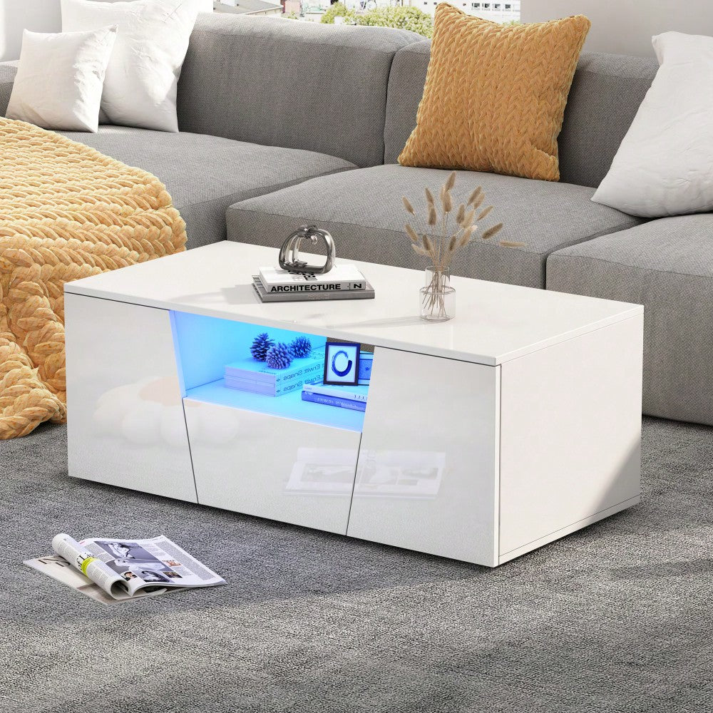 100*50*40cm couchtisch, sofatisch mit LED licht, Hochglanz-wohnzimmertisch mit 2 schränke, Beistelltisch, kaffeetisch mit 1 schublade,Unregelmäßiges Design, Weiß
