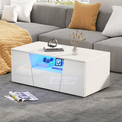 100*50*40cm couchtisch, sofatisch mit LED licht, Hochglanz-wohnzimmertisch mit 2 schränke, Beistelltisch, kaffeetisch mit 1 schublade,Unregelmäßiges Design, Weiß