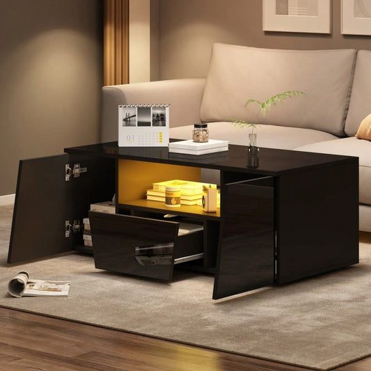100*50*40cm couchtisch, sofatisch mit LED licht, Hochglanz-wohnzimmertisch mit 2 schränke, Beistelltisch, kaffeetisch mit 1 schublade,Unregelmäßiges Design, schwarz