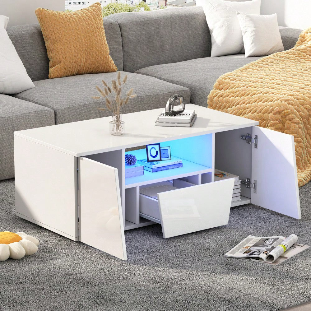 100*50*40cm couchtisch, sofatisch mit LED licht, Hochglanz-wohnzimmertisch mit 2 schränke, Beistelltisch, kaffeetisch mit 1 schublade,Unregelmäßiges Design, Weiß