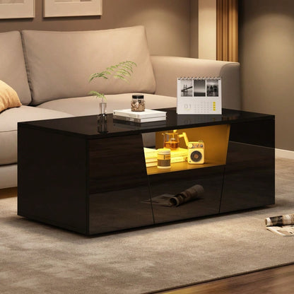 100*50*40cm couchtisch, sofatisch mit LED licht, Hochglanz-wohnzimmertisch mit 2 schränke, Beistelltisch, kaffeetisch mit 1 schublade,Unregelmäßiges Design, schwarz