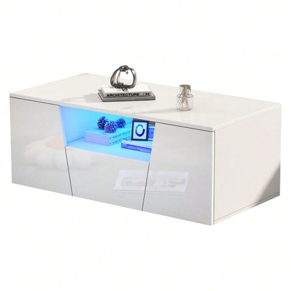 100*50*40cm couchtisch, sofatisch mit LED licht, Hochglanz-wohnzimmertisch mit 2 schränke, Beistelltisch, kaffeetisch mit 1 schublade,Unregelmäßiges Design, Weiß