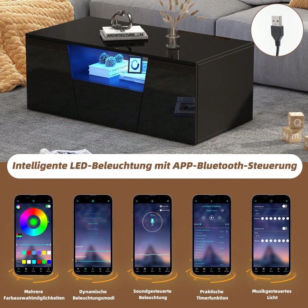 100*50*40cm couchtisch, sofatisch mit LED licht, Hochglanz-wohnzimmertisch mit 2 schränke, Beistelltisch, kaffeetisch mit 1 schublade,Unregelmäßiges Design, schwarz