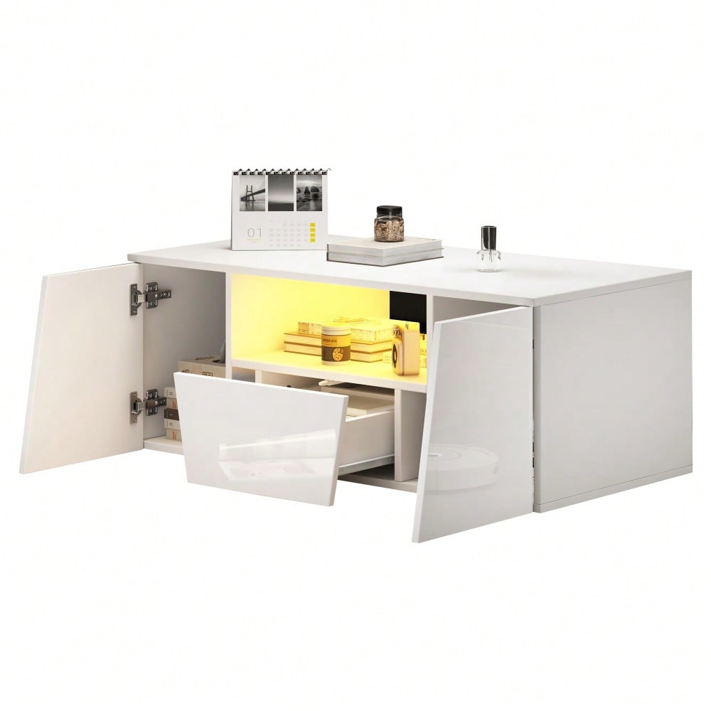 100*50*40cm couchtisch, sofatisch mit LED licht, Hochglanz-wohnzimmertisch mit 2 schränke, Beistelltisch, kaffeetisch mit 1 schublade,Unregelmäßiges Design, Weiß