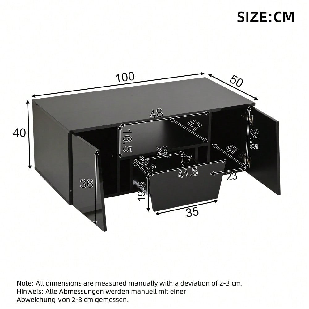 100*50*40cm couchtisch, sofatisch mit LED licht, Hochglanz-wohnzimmertisch mit 2 schränke, Beistelltisch, kaffeetisch mit 1 schublade,Unregelmäßiges Design, schwarz
