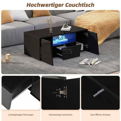 100*50*40cm couchtisch, sofatisch mit LED licht, Hochglanz-wohnzimmertisch mit 2 schränke, Beistelltisch, kaffeetisch mit 1 schublade,Unregelmäßiges Design, schwarz