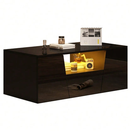100*50*40cm couchtisch, sofatisch mit LED licht, Hochglanz-wohnzimmertisch mit 2 schränke, Beistelltisch, kaffeetisch mit 1 schublade,Unregelmäßiges Design, schwarz