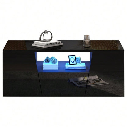 100*50*40cm couchtisch, sofatisch mit LED licht, Hochglanz-wohnzimmertisch mit 2 schränke, Beistelltisch, kaffeetisch mit 1 schublade,Unregelmäßiges Design, schwarz