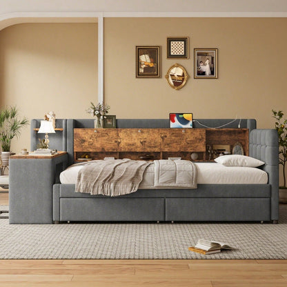 Daybett, 90*200cm, Tagesbett, Schlafsofa, mit 2 Schubladen, Schreibtisch, USB + Typ C, Flip Top Aufbewahrungsfach, Ablagefach, Bett mit Lattenrost (ohne Matratze),  Leinen, grau