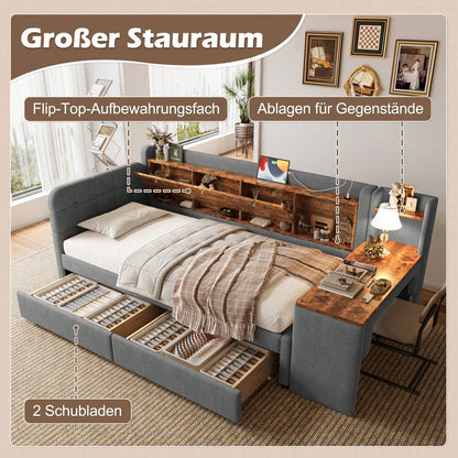 Daybett, 90*200cm, Tagesbett, Schlafsofa, mit 2 Schubladen, Schreibtisch, USB + Typ C, Flip Top Aufbewahrungsfach, Ablagefach, Bett mit Lattenrost (ohne Matratze),  Leinen, grau