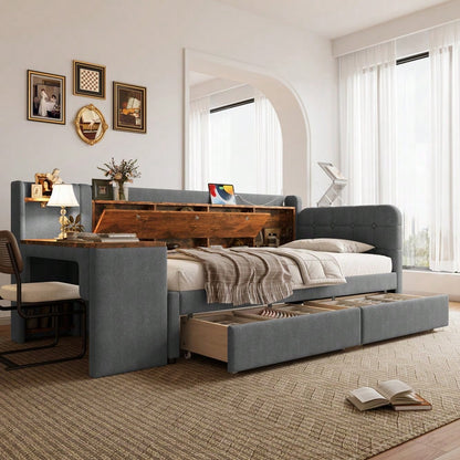 Daybett, 90*200cm, Tagesbett, Schlafsofa, mit 2 Schubladen, Schreibtisch, USB + Typ C, Flip Top Aufbewahrungsfach, Ablagefach, Bett mit Lattenrost (ohne Matratze),  Leinen, grau