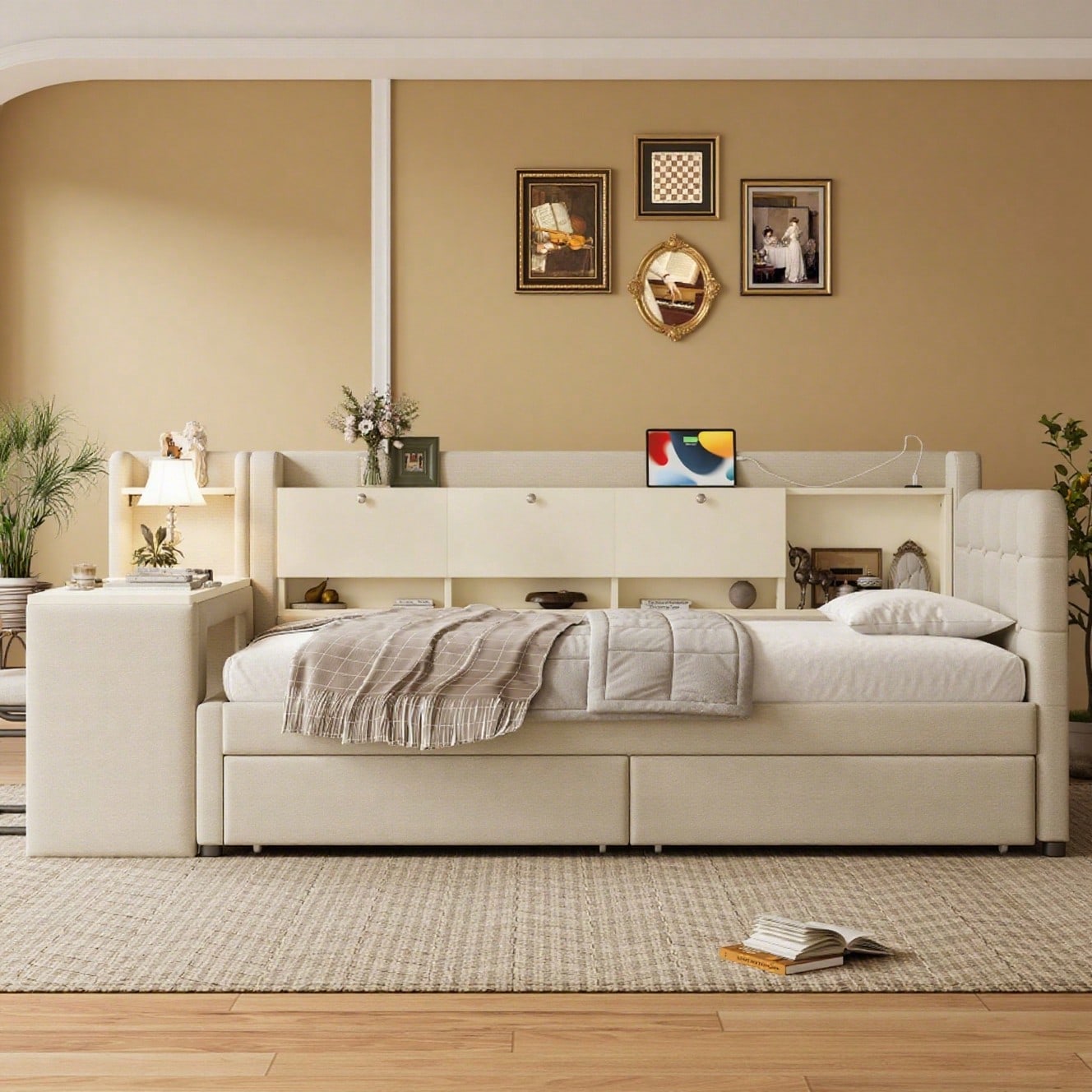 Daybett, 90*200cm, Tagesbett, Schlafsofa, mit 2 Schubladen, Schreibtisch, USB + Typ C, Flip Top Aufbewahrungsfach, Ablagefach, Bett mit Lattenrost (ohne Matratze),  Leinen, beige