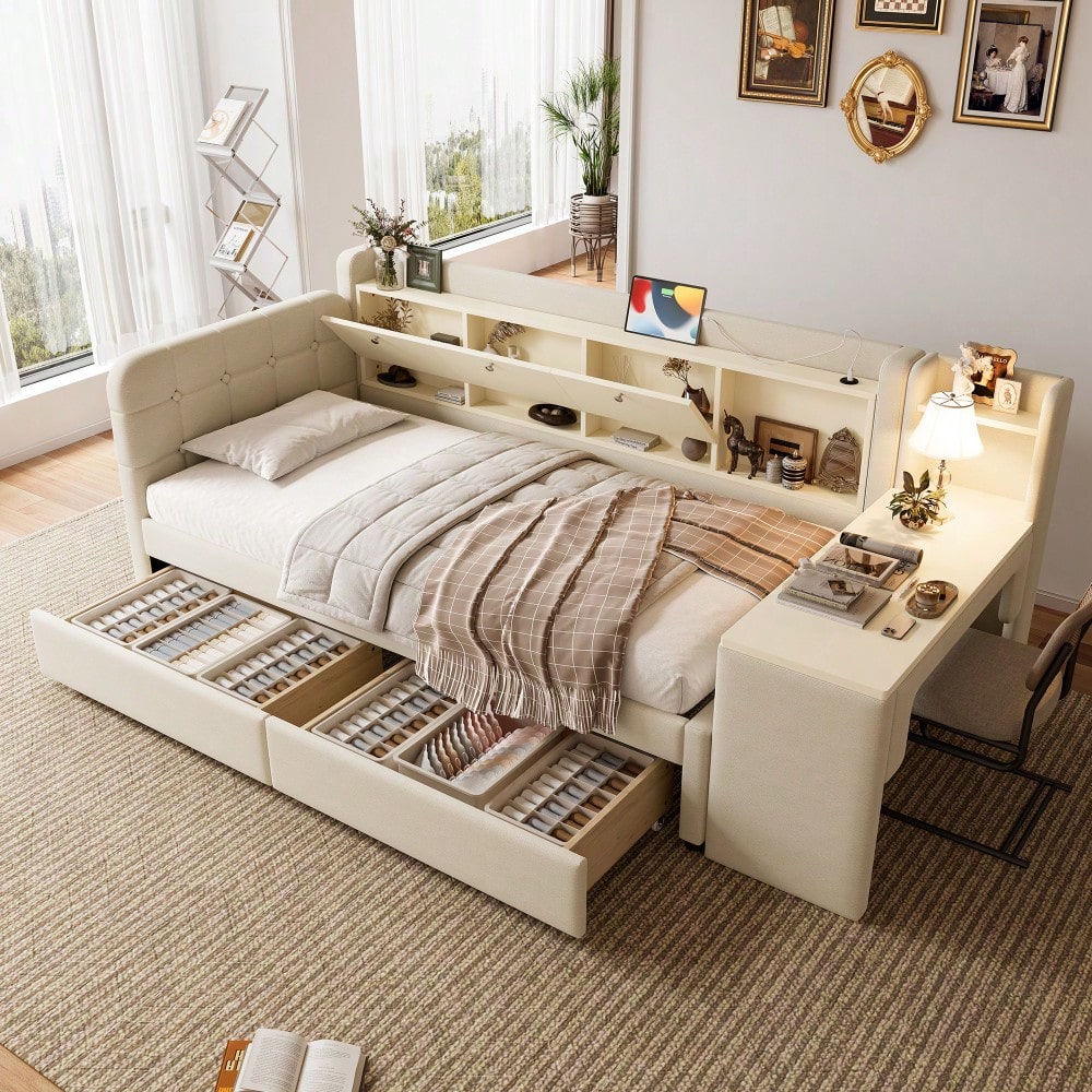 Daybett, 90*200cm, Tagesbett, Schlafsofa, mit 2 Schubladen, Schreibtisch, USB + Typ C, Flip Top Aufbewahrungsfach, Ablagefach, Bett mit Lattenrost (ohne Matratze),  Leinen, beige