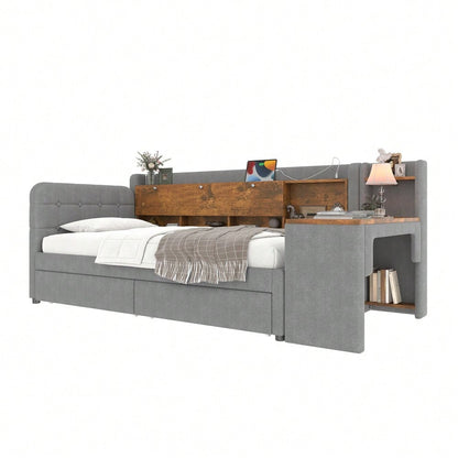 Daybett, 90*200cm, Tagesbett, Schlafsofa, mit 2 Schubladen, Schreibtisch, USB + Typ C, Flip Top Aufbewahrungsfach, Ablagefach, Bett mit Lattenrost (ohne Matratze),  Leinen, grau