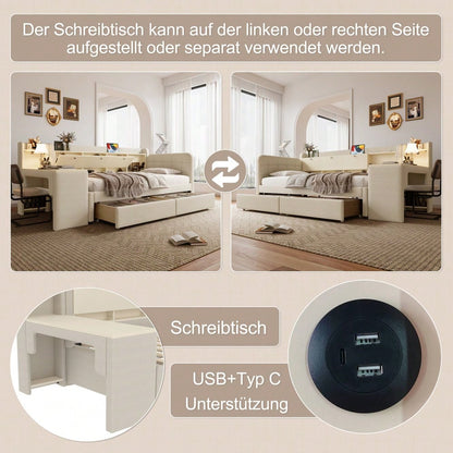 Daybett, 90*200cm, Tagesbett, Schlafsofa, mit 2 Schubladen, Schreibtisch, USB + Typ C, Flip Top Aufbewahrungsfach, Ablagefach, Bett mit Lattenrost (ohne Matratze),  Leinen, beige