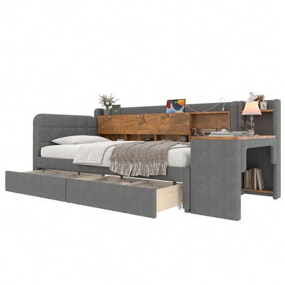 Daybett, 90*200cm, Tagesbett, Schlafsofa, mit 2 Schubladen, Schreibtisch, USB + Typ C, Flip Top Aufbewahrungsfach, Ablagefach, Bett mit Lattenrost (ohne Matratze),  Leinen, grau